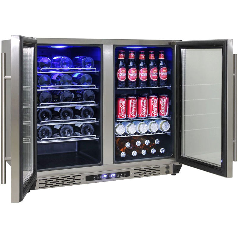 Bar Fridge | Solid Door | Beer and Wine Combo with doors open full of drinks and blue LED lights on