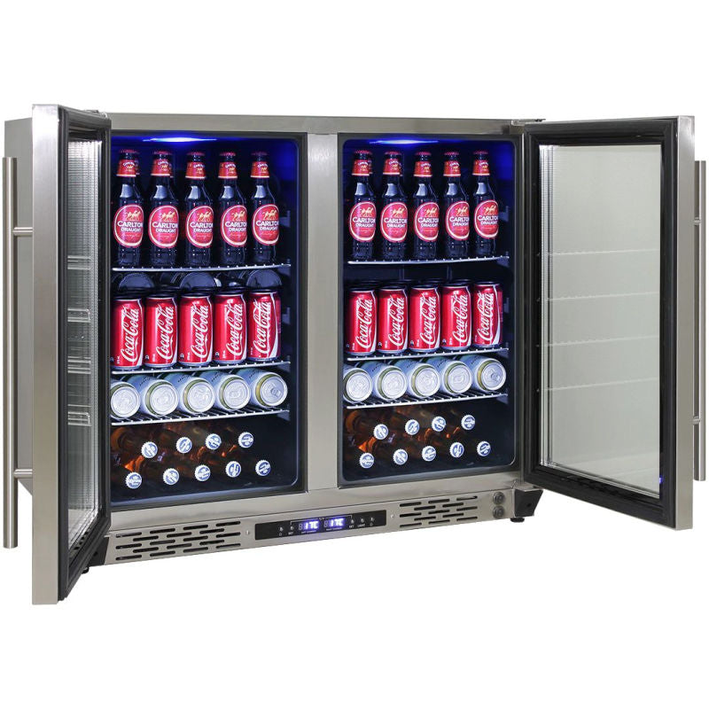 Bar Fridge | Solid Door | Beer and Wine Combo doors open with blue LED lights on and full of drinks