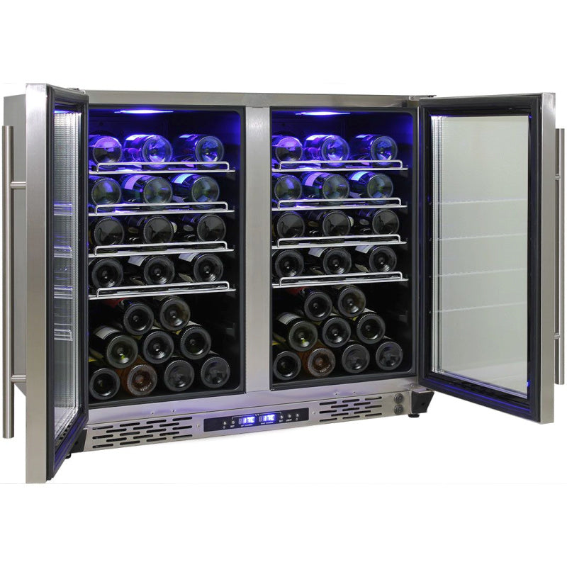 Bar Fridge | Solid Door | Beer and Wine Combo doors open with blue LED lights on and full of wine bottles